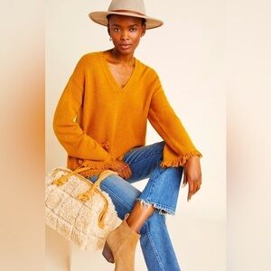 ANTHROPOLOGIE Joy Fringed V-Neck Sweater Mustard Yellow S